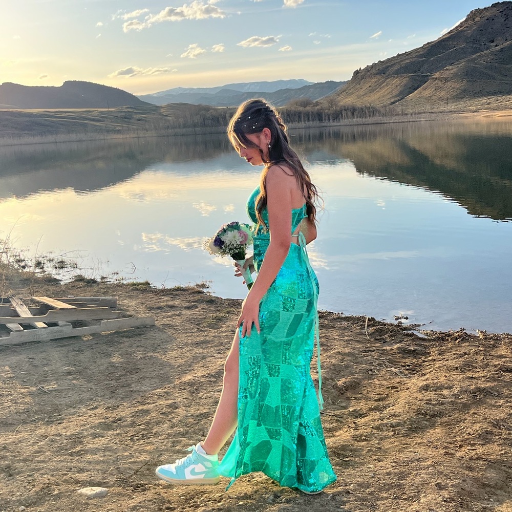 Green Sequin Gown with Side Slit
